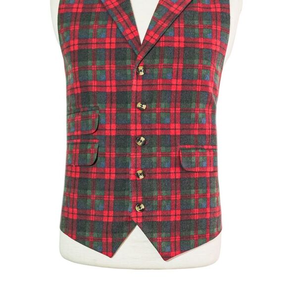 Mens 46R Wool Vest Red Green Blue Tartan Plaid Waistcoat Wedding Party Formal - Picture 4 of 8